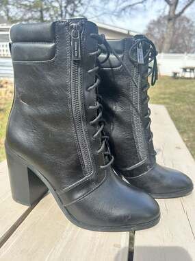 Michael Kors Rosario Black Leather Lace-Up Block Heel Combat Booties